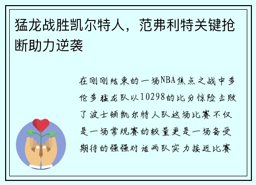 猛龙战胜凯尔特人，范弗利特关键抢断助力逆袭